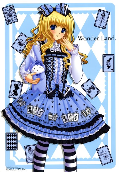 Anime-Bild 2454x3471 mit alice in wonderland alice (wonderland) nishimata aoi single long hair tall image blush highres blue eyes blonde hair smile absurdres girl dress bow card (cards)