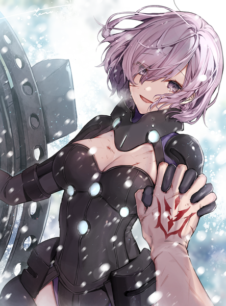 Anime picture 829x1123 with fate (series) fate/grand order mash kyrielight fujimaru ritsuka (male) hanagata tall image looking at viewer fringe short hair breasts open mouth purple eyes cleavage purple hair :d hair over one eye tattoo tears holding hands snowing