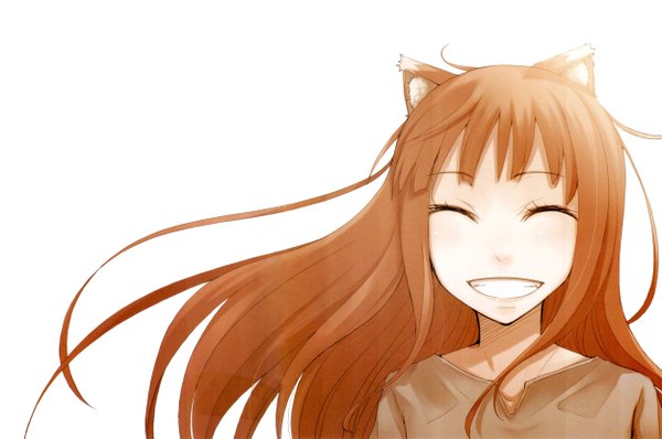 Anime picture 5000x3323 with spice and wolf horo single long hair highres simple background smile brown hair white background absurdres eyes closed wind portrait happy wolf ears wolf girl girl