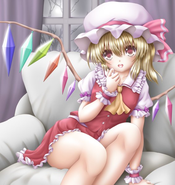 Anime picture 1131x1200 with touhou flandre scarlet akino irori single tall image looking at viewer blush short hair open mouth blonde hair red eyes loli one side up girl dress skirt wings frills bonnet skirt set