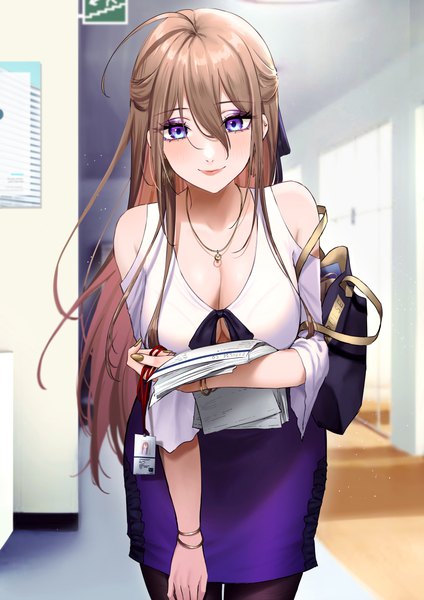 Anime picture 4961x7016 with original expulse single long hair tall image looking at viewer blush fringe highres breasts blue eyes light erotic smile hair between eyes brown hair standing absurdres cleavage ahoge indoors