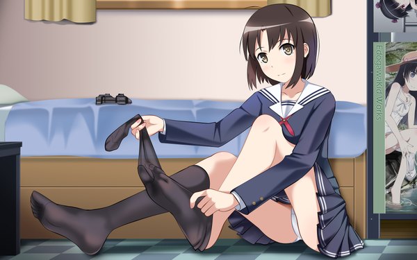 Anime picture 1920x1200 with ore no imouto ga konna ni kawaii wake ga nai saenai heroine no sodatekata a-1 pictures gokou ruri katou megumi edogawakid highres short hair light erotic black hair brown eyes pantyshot legs pantyshot sitting girl skirt uniform underwear panties socks