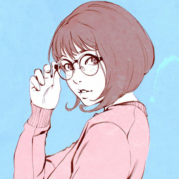 Anime picture 900x900 with ilya kuvshinov single looking at viewer fringe short hair simple background brown hair brown eyes parted lips close-up blue background adjusting glasses bob cut girl glasses