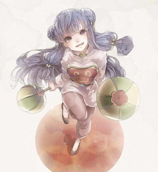 Anime picture 1843x2000 with ranma 1/2 shampoo (ranma 1/2) mizutamari tori single long hair tall image looking at viewer fringe highres open mouth simple background smile brown eyes blue hair from above hair bun (hair buns) chinese clothes leg lift (legs lift) girl hair ornament