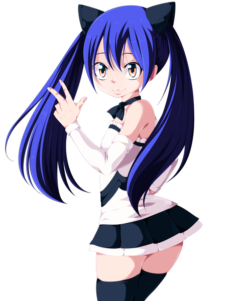 Anime picture 3200x4000 with fairy tail wendy marvell salim202 single long hair tall image highres smile twintails bare shoulders blue hair absurdres pleated skirt looking back orange eyes loli coloring victory transparent background girl