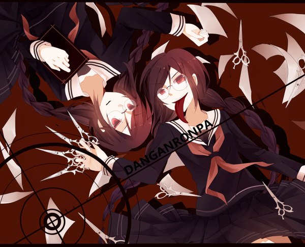 Anime picture 3212x2598 with dangan ronpa fukawa touko genocider syo stairway long hair highres open mouth brown hair multiple girls holding brown eyes absurdres lying braid (braids) on back twin braids dual persona crazy girl skirt