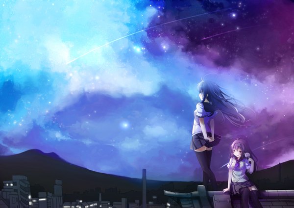 Anime picture 1600x1132 with original spirtie long hair blue eyes black hair red eyes multiple girls sky cloud (clouds) night sky city scenic girl thighhighs skirt black thighhighs 2 girls miniskirt serafuku star (stars)
