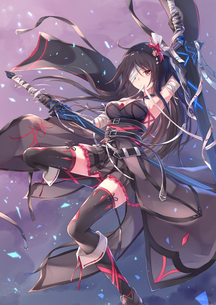 Anime picture 752x1062 with original fuuro (johnsonwade) single long hair tall image looking at viewer fringe breasts black hair red eyes holding ahoge bent knee (knees) armpit (armpits) zettai ryouiki mouth hold frilly skirt dual wielding bandage over one eye girl