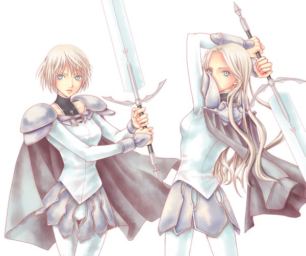 Anime picture 1239x1035 with claymore madhouse clare (claymore) teresa long hair looking at viewer short hair simple background blonde hair white background multiple girls grey eyes girl weapon 2 girls sword armor cape