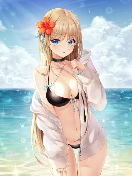 Anime-Bild 1200x1600 mit original mellozzo single long hair tall image looking at viewer blush fringe breasts open mouth blue eyes light erotic blonde hair large breasts standing sky cleavage cloud (clouds) outdoors hair flower