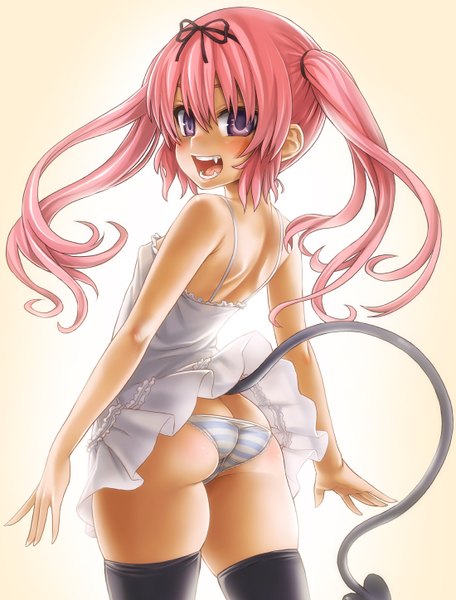 Anime picture 1100x1448 with toloveru toloveru darkness xebec nana asta deviluke asanagi single long hair tall image blush open mouth light erotic purple eyes twintails pink hair ass tail looking back teeth fang (fangs) covered nipples
