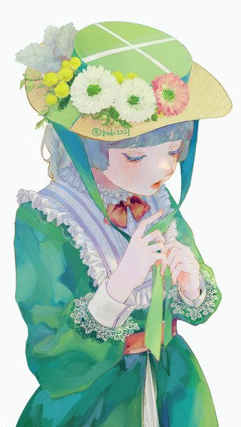 Anime picture 2363x4200 with original bedr2221 single tall image fringe highres short hair simple background white background signed blunt bangs from above grey hair twitter username frilled dress girl dress flower (flowers) hat frills