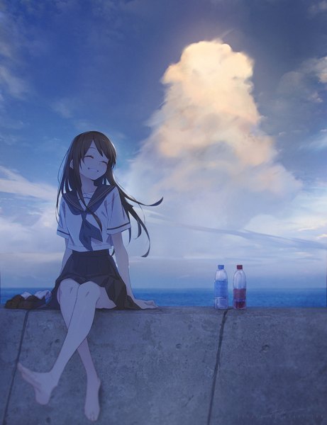 Anime picture 3840x5000 with original yuranpo single long hair tall image blush highres smile brown hair sitting absurdres sky cloud (clouds) full body outdoors eyes closed barefoot arm support horizon ^ ^