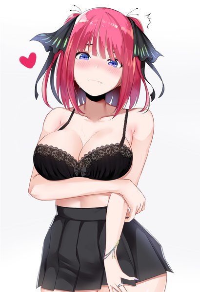 Anime picture 4000x5846 with go-toubun no hanayome nakano nino reeze (artist) single tall image blush fringe highres short hair breasts blue eyes light erotic simple background large breasts standing payot pink hair absurdres cleavage blunt bangs