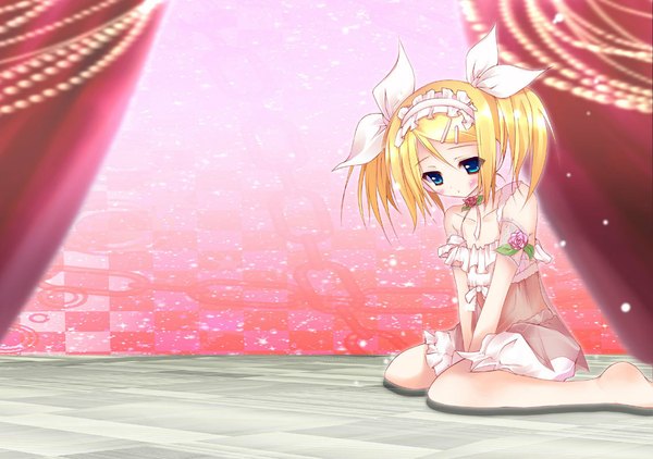 Anime picture 1136x800 with vocaloid kagamine rin single blush short hair blue eyes blonde hair twintails bare shoulders barefoot loli embarrassed wariza pink background alternate hairstyle checkered background girl ribbon (ribbons) choker lingerie