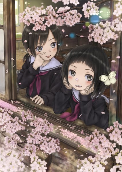 Anime picture 1191x1684 with original taka (tsmix) tall image blush short hair open mouth black hair multiple girls brown eyes cherry blossoms girl 2 girls petals serafuku insect butterfly