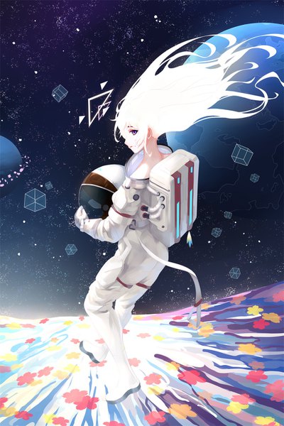 Anime picture 940x1410 with original .l.l single long hair tall image purple eyes full body white hair profile floating hair turning head space holding helmet astronaut girl helmet planet cube spacesuit