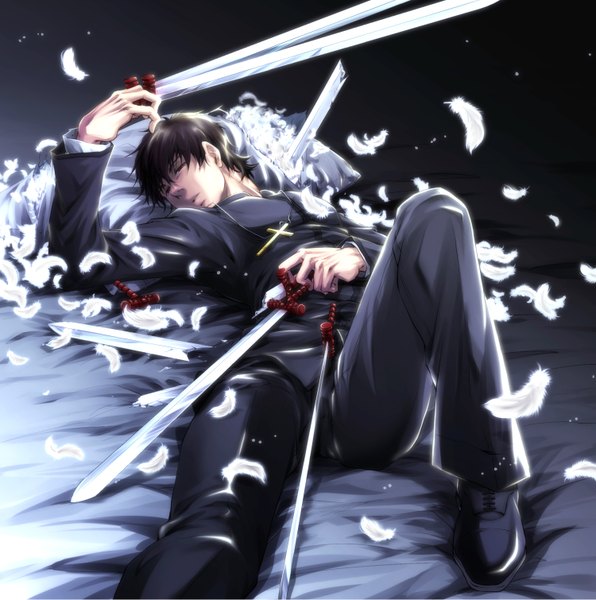 Anime picture 1500x1510 with fate (series) fate/zero type-moon kotomine kirei makoto (author) single tall image short hair black hair simple background lying black eyes broken boy weapon sword pillow pendant feather (feathers) cross