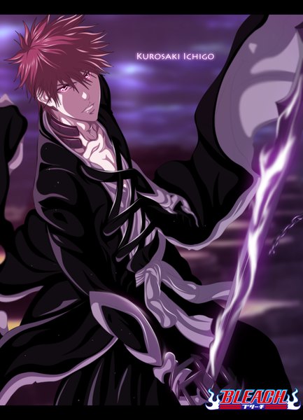 Anime picture 1000x1384 with bleach studio pierrot kurosaki ichigo hollowcn single tall image short hair brown hair sky cloud (clouds) japanese clothes pink eyes from above inscription coloring letterboxed boy weapon sword belt
