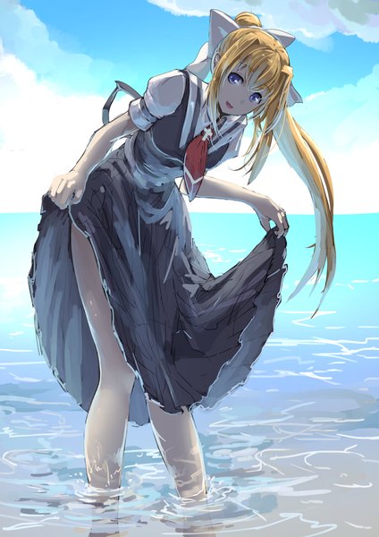 Anime picture 868x1228 with air key (studio) kamio misuzu koruse single long hair tall image looking at viewer fringe breasts open mouth blonde hair purple eyes holding sky cloud (clouds) ponytail bare legs legs happy