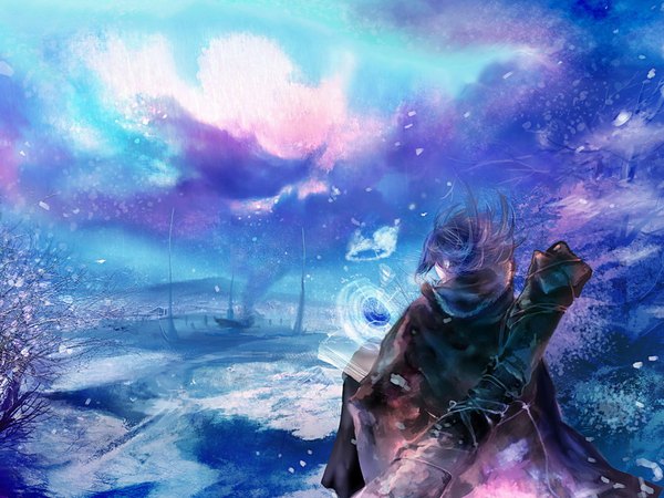 Anime picture 1024x768 with the magic book long hair blue hair sky purple hair from behind night sky back magic blue background mountain transparent aurora borealis boy petals water book (books) cloak watercraft ship
