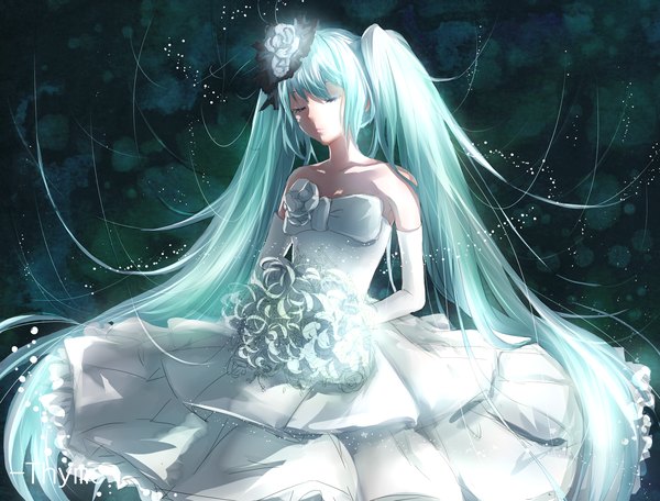 Anime picture 2500x1900 with vocaloid hatsune miku thyme (4749874974) single highres twintails eyes closed very long hair aqua hair girl dress gloves flower (flowers) elbow gloves white gloves bouquet wedding dress