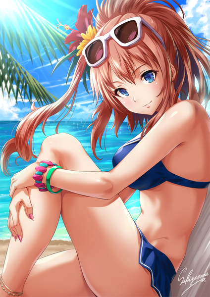 Anime picture 1000x1414 with kantai collection saratoga (kantai collection) sakiyamama single long hair tall image looking at viewer blush fringe breasts blue eyes light erotic smile hair between eyes brown hair large breasts sitting signed sky cloud (clouds)