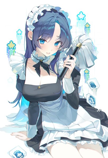 Anime picture 2796x4096 with legendary sword casey (legendary sword) kinty single long hair tall image highres blue eyes sitting blue hair looking away cleavage arm support maid girl uniform headdress maid headdress duster