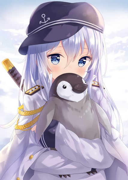 Anime picture 1135x1593 with kantai collection hibiki destroyer hitsukuya single long hair tall image looking at viewer blush fringe blue eyes hair between eyes holding sky silver hair cloud (clouds) embarrassed crossed arms covered mouth girl uniform