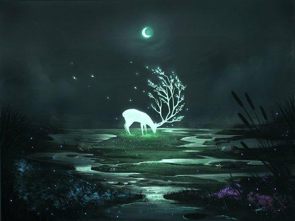 Anime-Bild 1024x768 mit ninjatic single signed sky horn (horns) glowing landscape crescent river flower (flowers) plant (plants) petals water grass branch deer