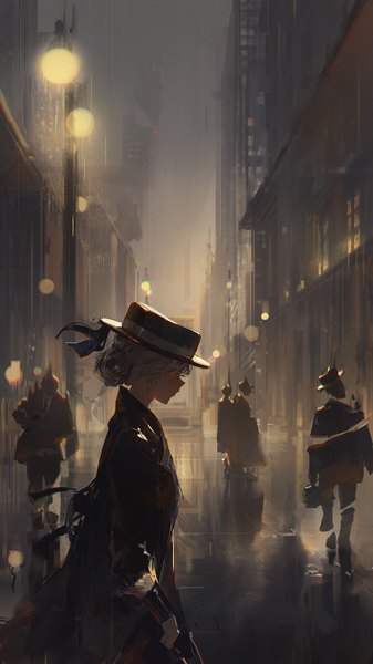 Anime picture 1800x3203 with reverse:1999 vertin (reverse:1999) dino (dinoartforame) tall image highres short hair outdoors profile hair bun (hair buns) city solo focus rain girl top hat people lamppost
