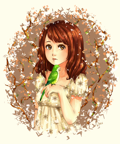 Anime picture 1030x1236 with original chie-nirie single tall image looking at viewer short hair brown hair brown eyes girl dress animal bird (birds) parrot