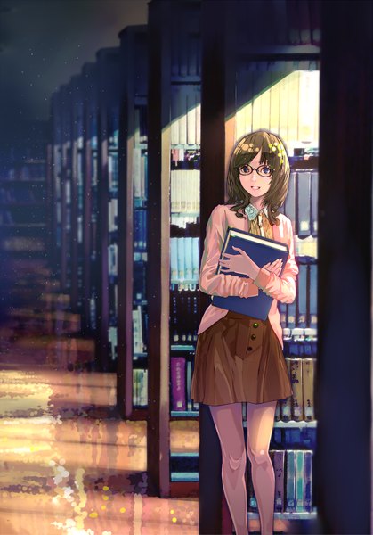 Anime picture 1000x1433 with original zunga single long hair tall image blue eyes brown hair indoors girl dress glasses book (books) shelf bookshelf sweater vest library