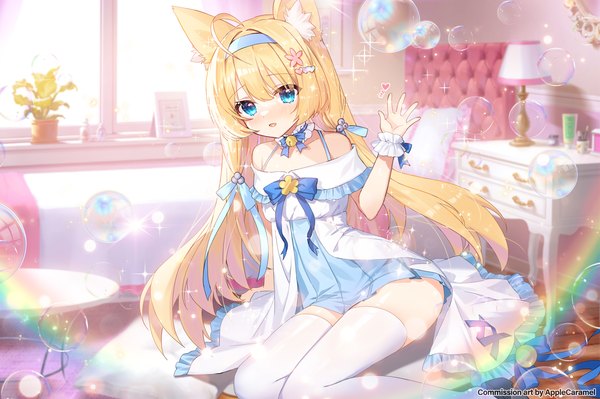 Anime picture 3500x2325 with original apple caramel single long hair fringe highres light erotic blonde hair hair between eyes sitting signed animal ears absurdres ahoge indoors aqua eyes off shoulder sparkle depth of field bell collar