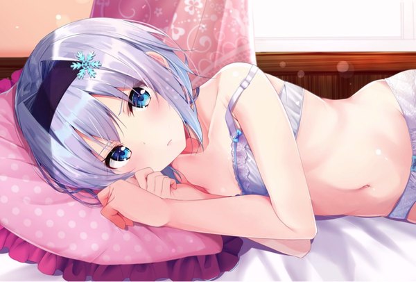 Anime picture 1694x1147 with ryuuou no oshigoto! sora ginko rouka (akatyann) single looking at viewer blush fringe short hair blue eyes light erotic hair between eyes silver hair indoors lying bare belly underwear only on side strap slip polka dot girl