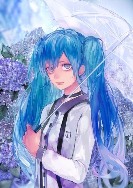 Anime picture 1000x1412 with vocaloid hatsune miku tcb (pixiv) single long hair tall image looking at viewer fringe holding aqua eyes aqua hair alternate costume girl flower (flowers) plant (plants) umbrella buttons hydrangea