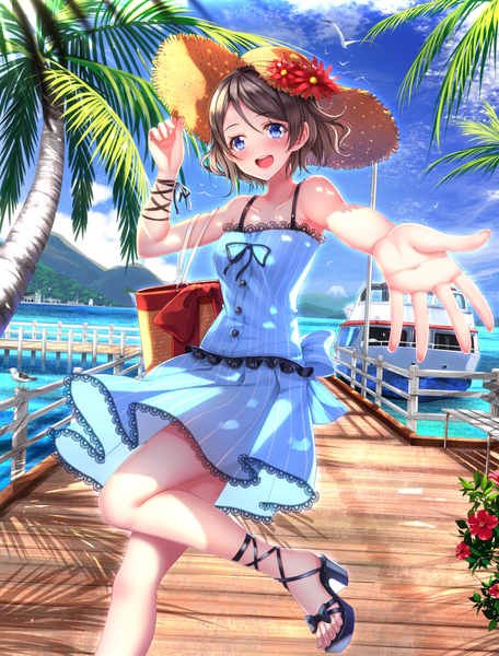 Anime picture 1102x1449 with love live! sunshine!! sunrise (studio) love live! watanabe you swordsouls single tall image looking at viewer blush fringe short hair open mouth blue eyes black hair smile hair between eyes standing bare shoulders sky cloud (clouds)