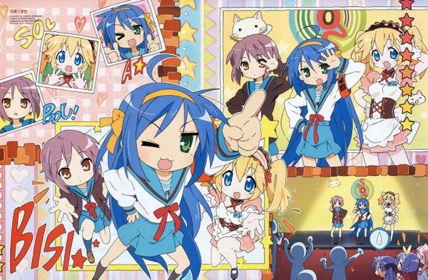 Anime picture 2661x1741 with suzumiya haruhi no yuutsu lucky star kyoto animation suzumiya haruhi nagato yuki izumi konata hiiragi kagami hiiragi tsukasa takara miyuki patricia martin highres cosplay crossover parody girl hare hare yukai