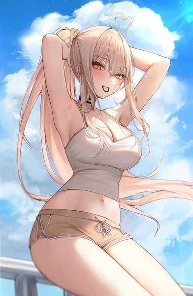 Anime picture 1400x2143 with original ame 816 single long hair tall image looking at viewer blush fringe breasts light erotic blonde hair hair between eyes large breasts sitting holding yellow eyes payot sky cleavage cloud (clouds)