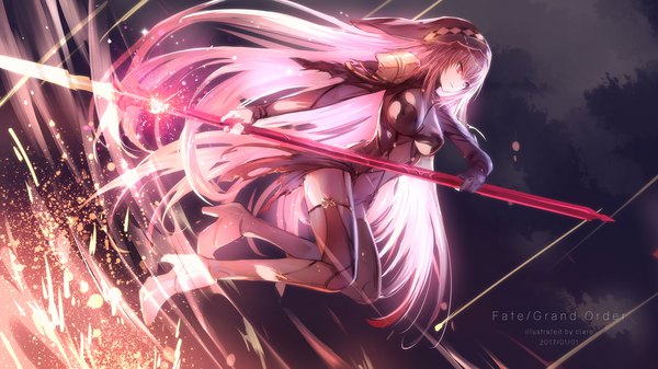 Anime picture 1920x1080 with fate (series) fate/grand order scathach (fate) (all) scathach (fate) clare (543) single fringe highres breasts light erotic red eyes wide image holding purple hair bent knee (knees) very long hair profile high heels copyright name magic