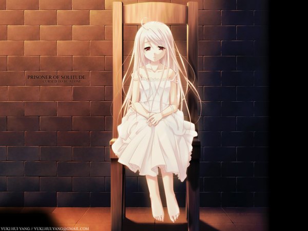 Anime picture 1280x960 with white clarity rino (white clarity) yuki-san123 single long hair looking at viewer red eyes sitting signed full body white hair indoors barefoot wallpaper strap slip third-party edit brick wall girl dress white dress