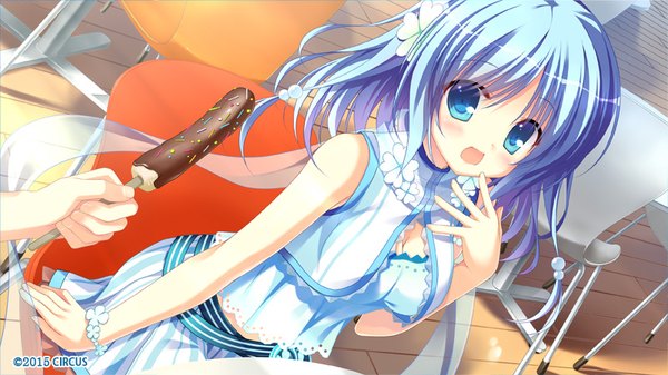 Anime picture 800x450 with d.s. -dal segno- circus (studio) ame (d.s. -dal segno-) long hair blush fringe open mouth blue eyes wide image bare shoulders blue hair game cg cleavage from above finger to mouth solo focus 2015 girl skirt hair ornament