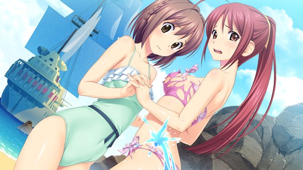 Anime picture 2560x1440 with tropical vacation twinkle soft kitami minamo koigakubo chihaya koutaro long hair looking at viewer blush fringe highres short hair breasts open mouth light erotic brown hair wide image large breasts standing multiple girls game cg