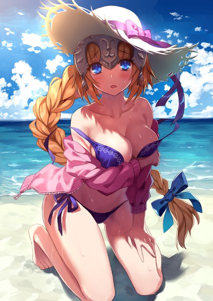 Anime picture 800x1132 with fate (series) fate/grand order jeanne d'arc (fate) (all) jeanne d'arc (fate) comeo single long hair tall image looking at viewer blush fringe breasts open mouth blue eyes light erotic blonde hair large breasts bare shoulders sky cleavage