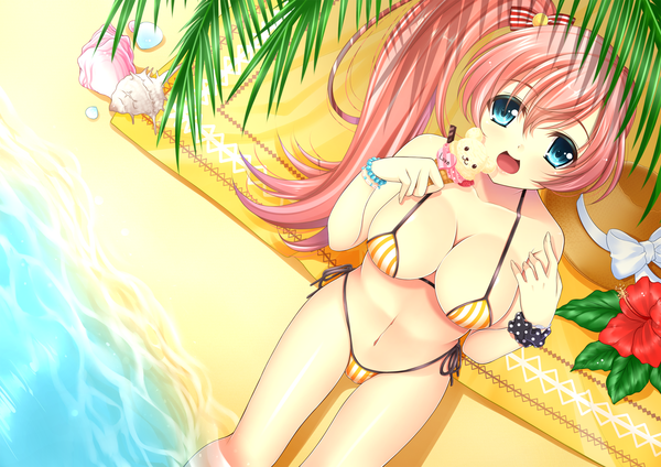 Anime picture 2000x1414 with original shirai mayu single long hair looking at viewer highres breasts open mouth blue eyes light erotic pink hair ponytail beach side ponytail girl flower (flowers) swimsuit bikini food sweets