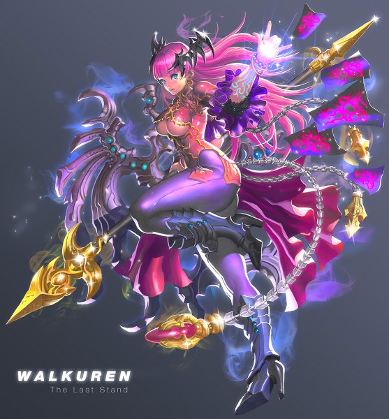 Anime picture 1113x1200 with original kilart (artist) single long hair tall image blue eyes light erotic simple background pink hair cleavage horn (horns) inscription magic mechanical wings girl weapon earrings boots armor chain