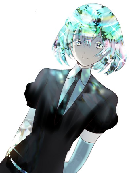 Anime picture 770x1005 with houseki no kuni diamond (houseki no kuni) kayanogura single tall image looking at viewer fringe short hair simple background hair between eyes white background upper body aqua hair sparkle puffy sleeves shaded face silver eyes androgynous gloves necktie