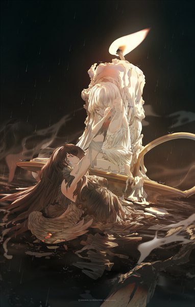 Anime picture 1400x2200 with original mivit long hair tall image fringe black hair simple background sitting bare shoulders multiple girls signed silver hair bent knee (knees) lying eyes closed barefoot hair over one eye arms up wet on back