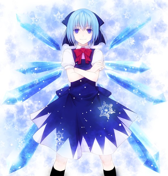 Anime picture 1150x1200 with touhou cirno crote single tall image short hair blue eyes blue hair snowing girl dress wings snowflake (snowflakes)