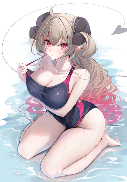 Anime picture 2867x4096 with original noa (komupi) komupi1013 single tall image looking at viewer fringe highres breasts light erotic hair between eyes red eyes sitting full body ahoge tail very long hair parted lips multicolored hair barefoot